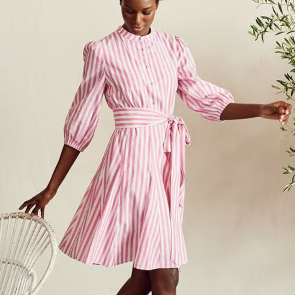 Boden Pink white Dress Stripe Cotton Puff Sleeve 10L NWT